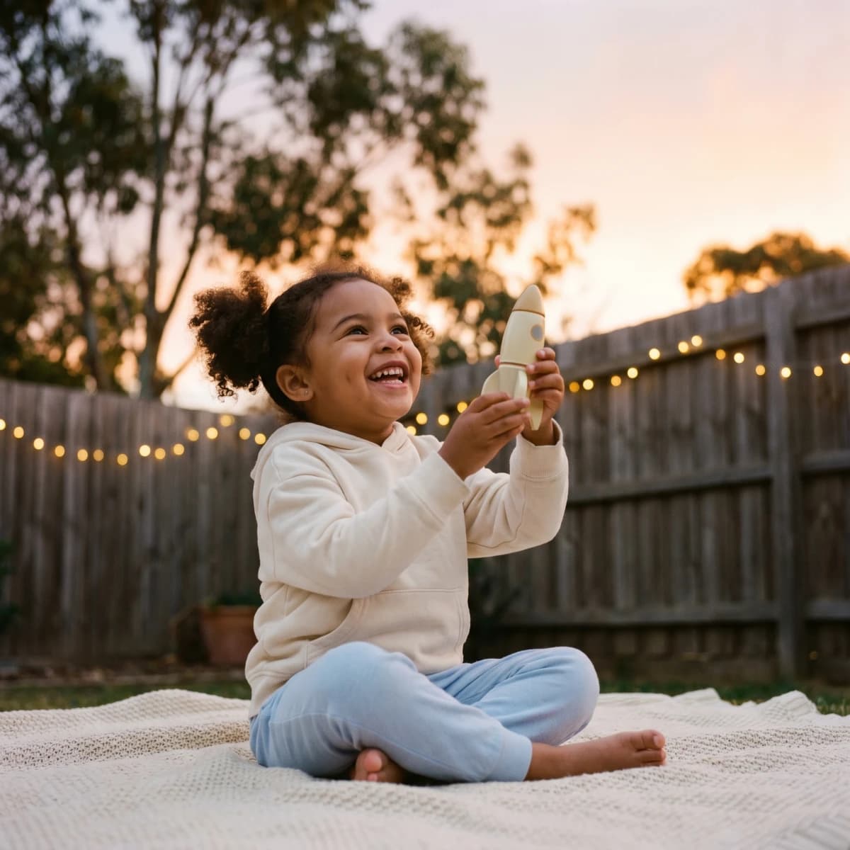 A child looking up at the night sky through a telescope on a grassy backyard