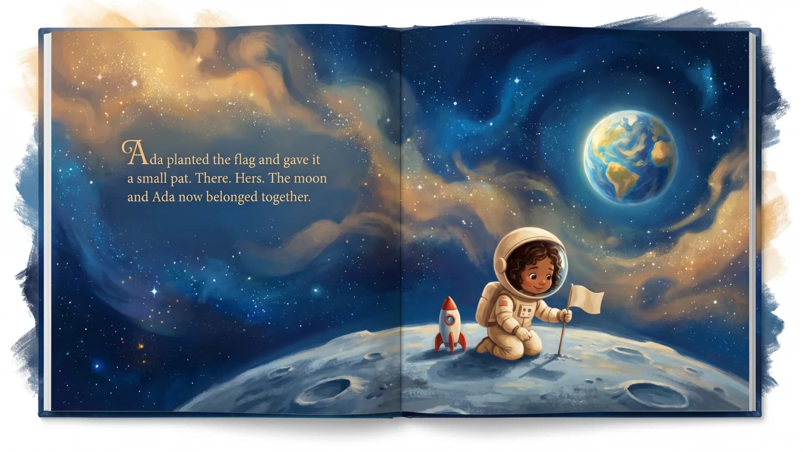 An interior spread from a Paper Lake personalised space book showing a young astronaut exploring the solar system
