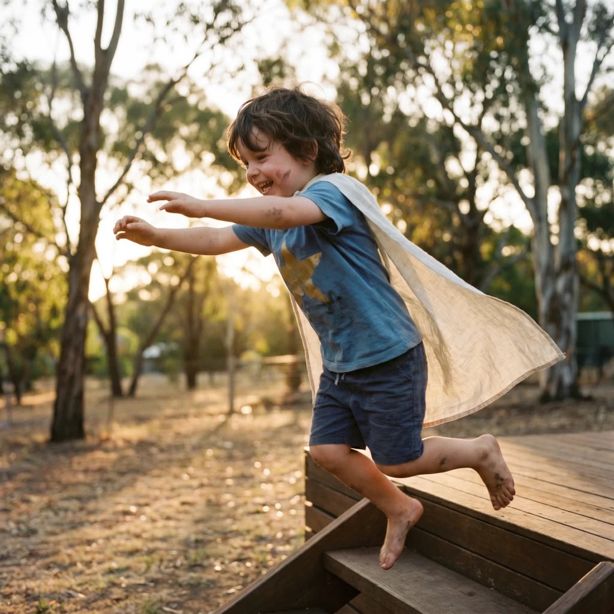 A young child mid-leap off a sofa wearing a homemade cape, caught in afternoon light