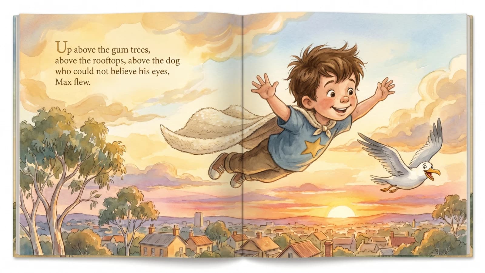 An interior spread from a Paper Lake superhero storybook showing the child as the named hero