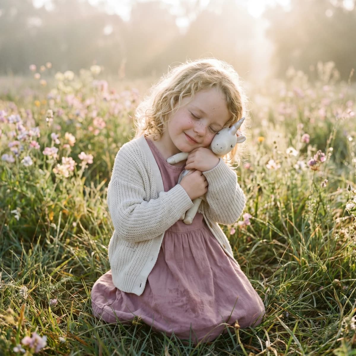 A young child smiling in a sunlit garden with wildflowers around her