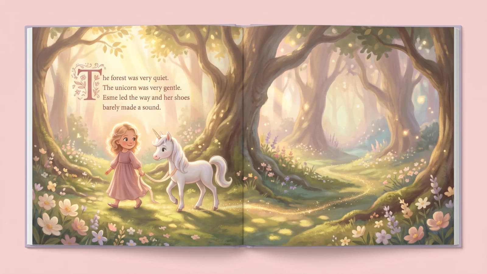 An interior spread from a Paper Lake personalised unicorn book showing the child illustrated alongside a unicorn